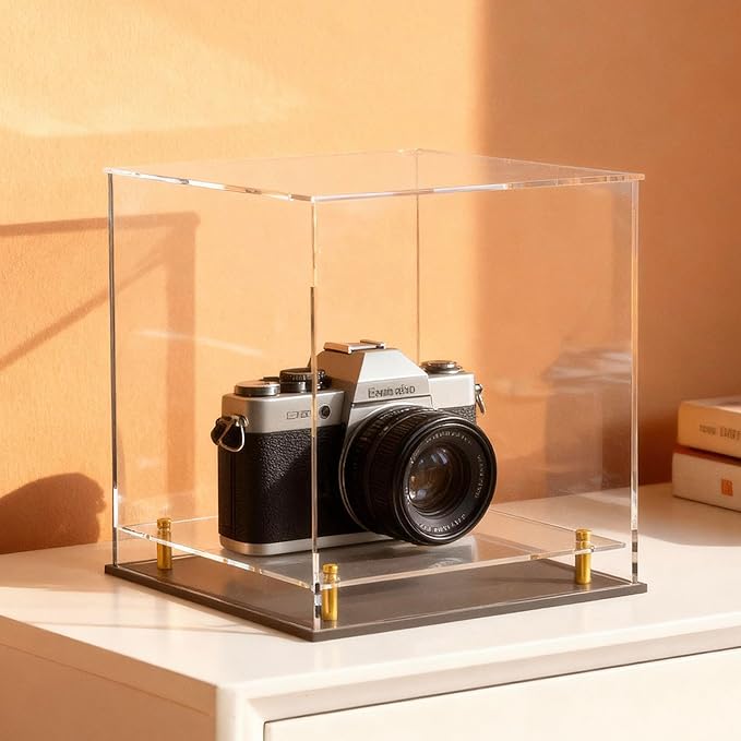 Acrylic Display Case for Collectibles, Dustproof Acrylic Box with Clear Display Elevation & Gold Risers, Large Display Case for Figures Toys Memorabilia, 9" L x 9" W x 9" H