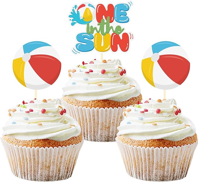 24 Pack One In The Sun 1st Birthday Party Cupcake Toppers, Summer Pool Party Beach Ball Sunshine 1st Birthday Party Decorations (One In The Sun 1st Birthday)