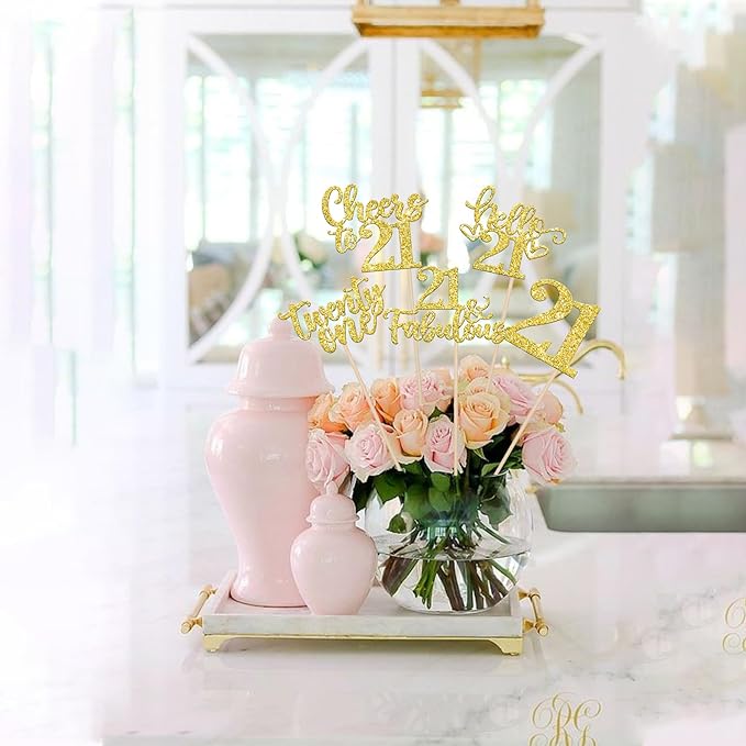 15PCS Happy 21st Birthday Centerpiece Sticks Hello 21 Fabulous Table Flower Centerpieces Sticks Twenty One Sweet Cheers to 21 Years Floral Decoration for 21st Birthday Party Centerpieces Sticks Gold