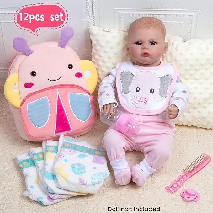 Reborn Baby Doll Clothes Pink Elephant 12 Pcs for 18-20 Inch Baby Doll Clothes Butterfly Backpack Diapers Accessories Girl