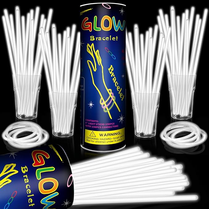 200 Pack 8'' Glow Sticks Bulk Party Favors White Light Up Sticks with Connectors Neon Glow in the Dark Party Supplies Bracelets for Holiday Birthday Party Decoration(White)