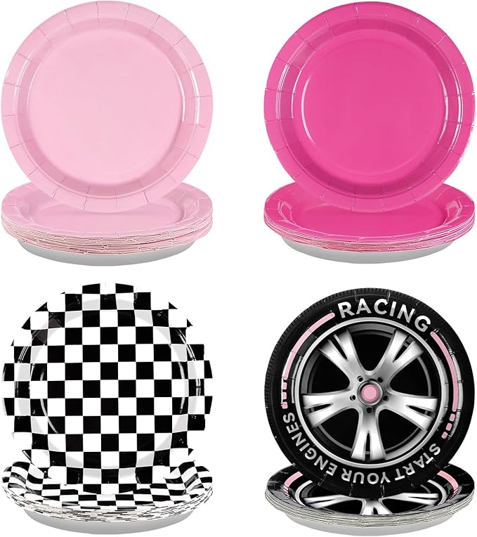60Pcs Pink Race Car Party Plates 9" Racing Party Decorations Pink Black White Checkered Racing Car Paper Plates Disposable for Valentine’s Day Girls Birthday Baby Shower Race Themed Par-ty Supplies