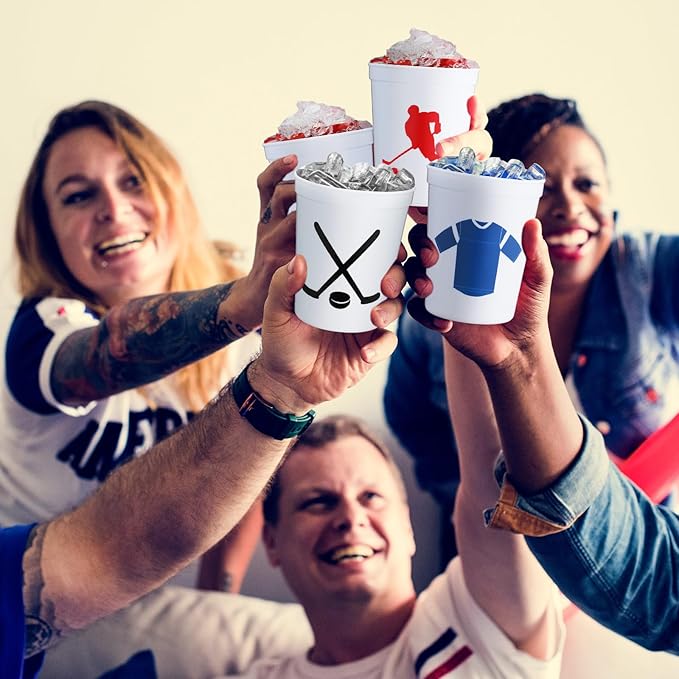 Zhehao 30 Pcs Sport Ball Plastic Cups Hockey Football Basketball Plastic Reusable Drink Cups Bulk 16 oz Stadium Tumbler Stackable Sports Tumbler for Sport Party Supplies(Hockey,White)