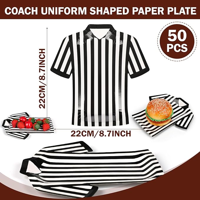 50 Pcs Basketball Paper Plates 8.7" Referee Shirt Shape Basketball Plates Black White Stripes Football Party Supplies Referee Coach Shirt Dessert Tableware for Football Party Supplies