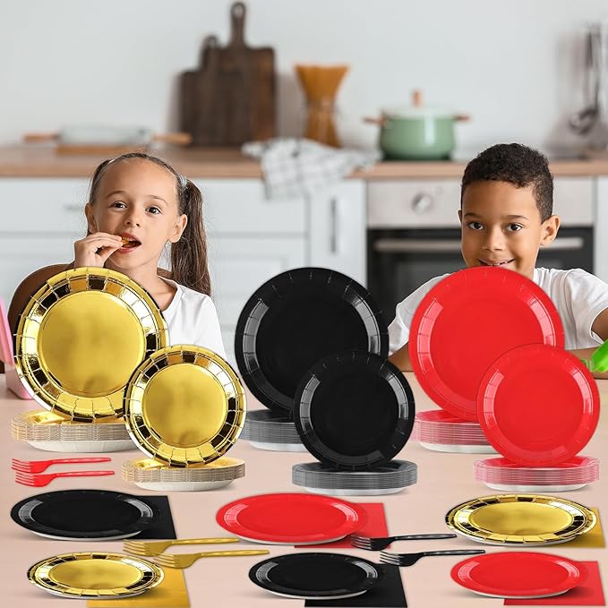 96PCS Red Black and Gold Paper Plates Napkins and Forks Black Red Metallic Gold Birthday Party Disposable Supplies Casino Theme Tableware Set for Poker Las Vegas Game Movie Night Party Decorations