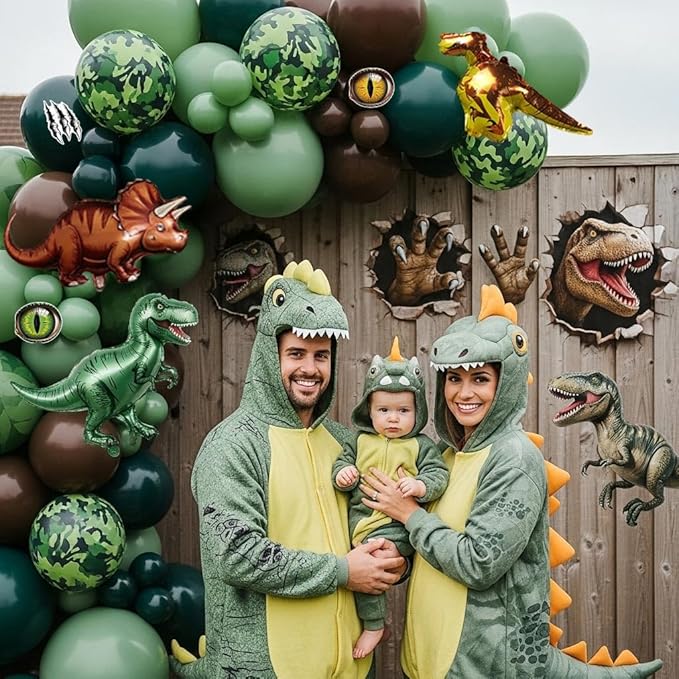Dinosaur Birthday Party Decorations Includes Green and Brown balloon arch & Cute Small dino Foil balloons & Banner Footprint Sticker for kids jungle Safari dino ROAR Themed Supplies