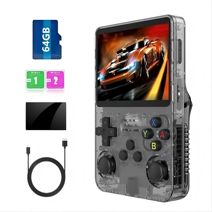 R36s Retro Handheld Game Console Preload 20000+ Games 12+Emulators , Retro Gaming Console 3.5-inch IPS Screen (Black)