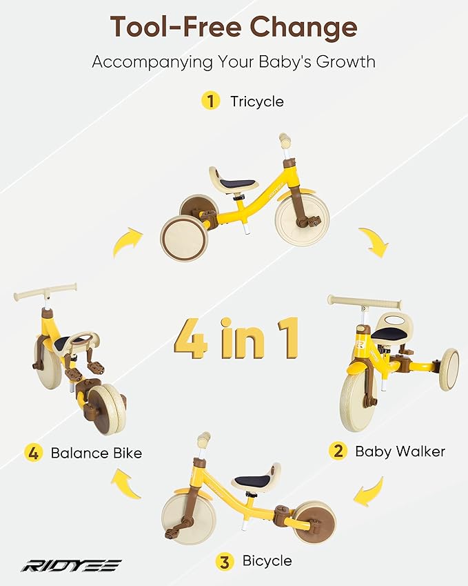 4-in-1 Toddler Tricycle for Ages 18 Months to 3 Years, Tool-Free Mode Switch, Tricycle for Toddlers 1.5-3 with One-Click Height Adjustment, Kids Trike and Balance Bike for 2 Years, Yellow