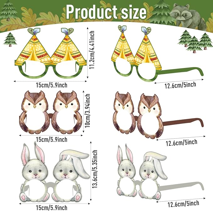 Pajean 32 Pcs Woodland Animal Decorations Eyeglasses Wild One Camping Forest Theme Photo Booth Props Paper Glasses for Woodland Creatures Birthday Baby Shower Camping Party Decor Favors Supplies