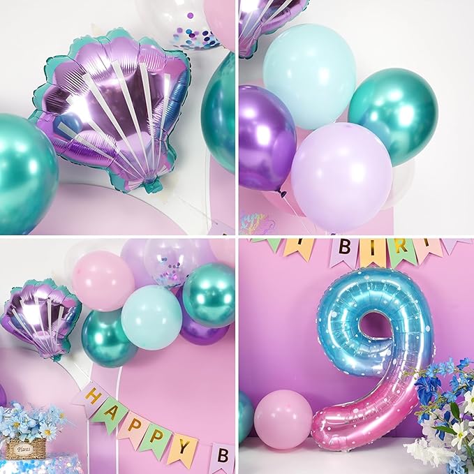 9th Mermaid Birthday Decoration,Metallic Purple Pink Green Blue Latex Balloons for Girls Party Decoration Number 9 Seashell Foil Balloons Banner Cake Topper Sea Decorations 9 Year Old Decor
