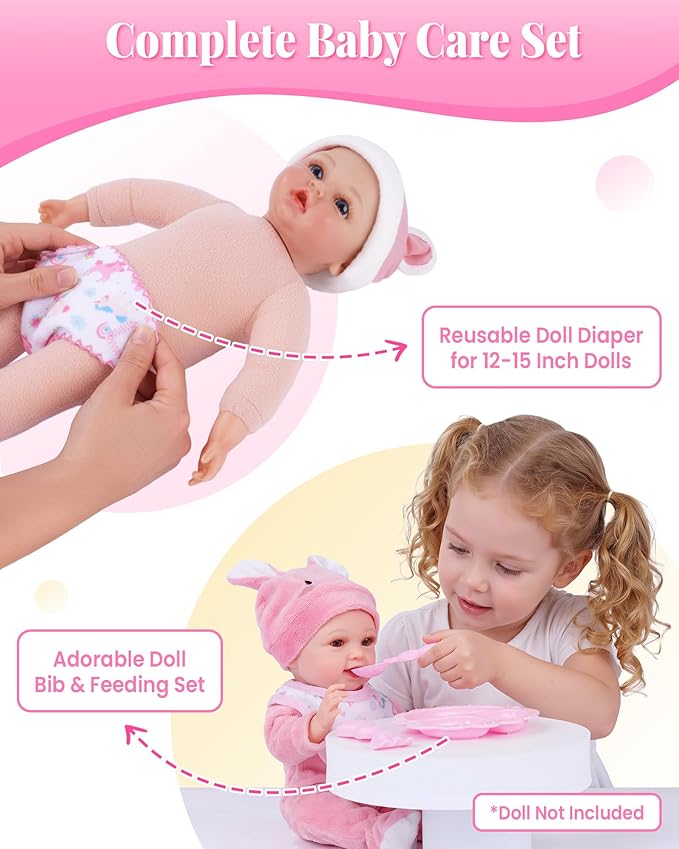 BABESIDE Baby Doll Accessories, 10 Pcs Disappearing Doll Feeding Set for Toy Stroller, Doll Care Pretend Play Kit with Magic Bottles, Pacifiers, Bib, Diaper & Carry Bag for 12–15 Inch Dolls