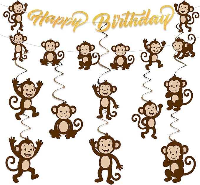 Monkey Birthday Party Decorations Jungle Theme Party Supplies Monkey Happy Birthday Banner Sign Monkey Hanging Cutouts Swirls for Boys Girls Safari Wild Animals Party Baby Shower Favors Decor
