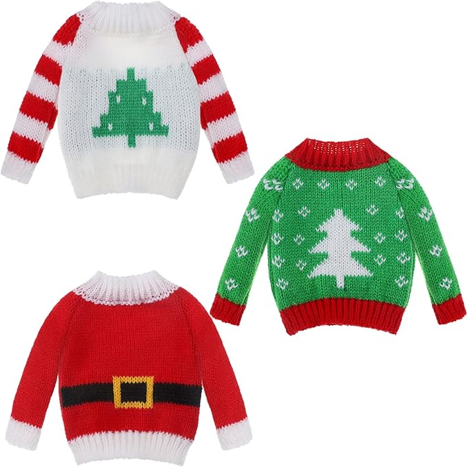 Aoriher 3 Pcs Christmas Doll Clothes Christmas Accessories Outfit Small Sweater Set Knitted Clothing Elk Xmas Santa Tree Snowflake Xmas Doll Accessories(Natural Style)