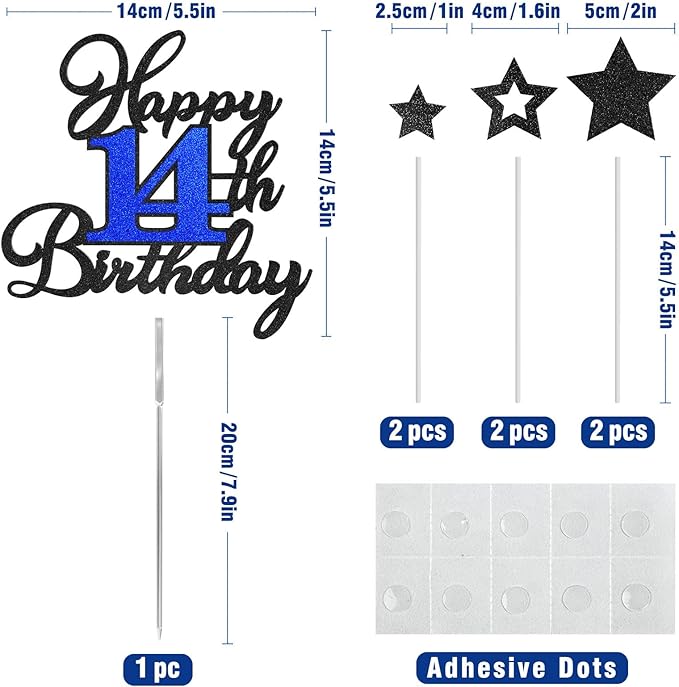 14th Birthday Cake Topper, Black Blue Happy 14th Birthday Cake Toppers for Boy Girl, 14 Years Old Birthday Party Supplies, Glitter Cake Decor, 14th Birthday Cake Decorations