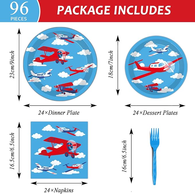98 pieces Airplane Birthday Party Decorations Supplies Airplane Party Plates and Napkins Plane Theme Paper Tableware Set Tablecloth Baby Shower for 24 Guests 1st Birthday Helicopter Favors for Kids