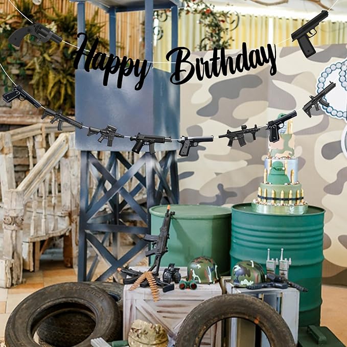 Jollyboom Gun Birthday Party Decorations, Military Nerf Gun Theme Happy Birthday Banner & Pistol Shooting Garland Set Easy Assembly, Paper Material for Boys' Indoor Outdoor Bday Party Supplies