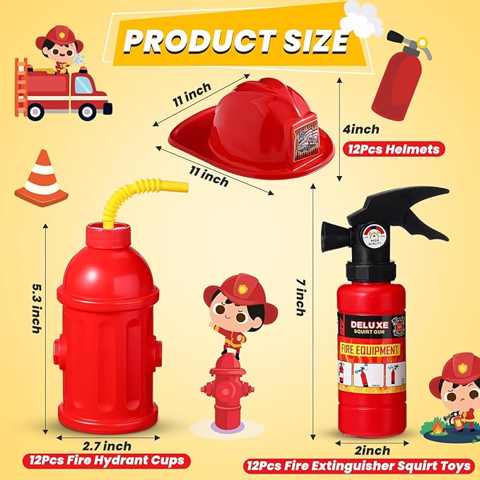 Liliful 36 Pcs Fireman Birthday Party Supplies Including 12 Firefighter Helmet 12 Fire Hydrant Cups with Lids 12 Fire Extinguisher Squirt Toys for Fire Theme Party Supplies