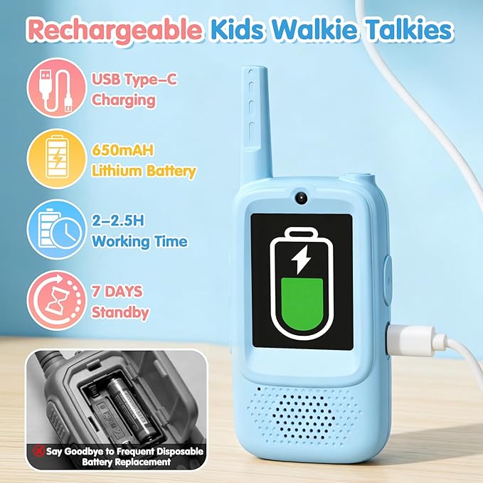 Video Walkie Talkies for Kids, 2 Pack Rechargeable Kids Walkie Talkies with Video Intercom Voice Changer, Indoor Outdoor Toy for Family Games, Camping, Hiking Gift for Boys Girls Ages 3-10 (Blue/Pink)