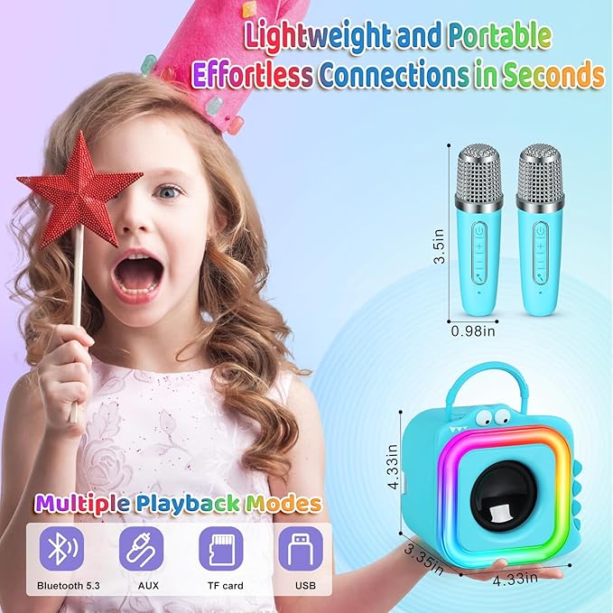Mini Karaoke Machine for Kids with 2 Wireless Microphones - Toys Gift for Boys Girls Ages 4, 5, 6, 7, 8, 9,10,11,12+Year Old - Christmas, Birthday, Party Singing Gift (Blue)