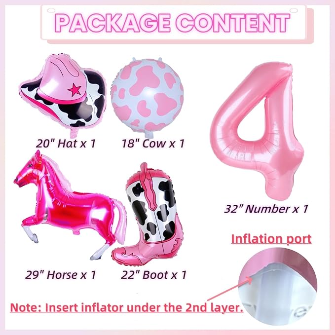 Cowgirl Balloons Disco Girl 4th Birthday Party Decorations, Pink Horse Hat Boot Balloons Rodeo Birthday Party Decor Supplies Favors Foil Mylar 32 Inch Light Pink 4 Balloon
