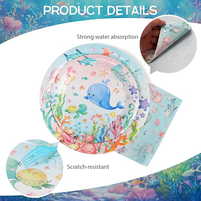 96Pcs Under the Sea Plates Party Supplies, Fish Paper Plates and Napkins and Forks Ocean Baby Shower Picnic Kids Birthday Party Decorations, Serves 24