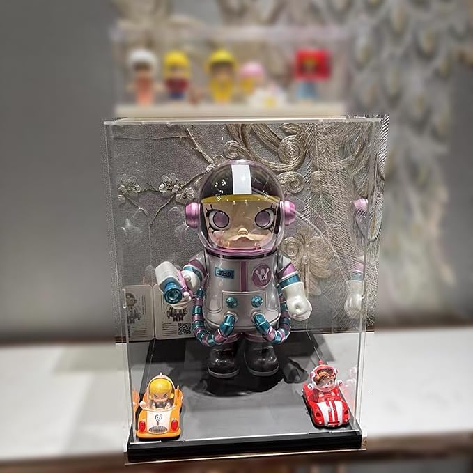 Clear Acrylic Display Case for Labubu Popmart The Monsters Fall in Wild Doll for Space Molly 400% for Lego 43230 21347 75308 31141 Transparent Box for Lego Display with Light, Black 9.8x9.8x15.7 inch