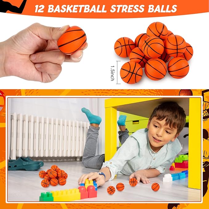 LEIFIDE 48 Pcs Basketball Party Favors 12 Sets Silicone Bracelet Drawstring Treat Bag Mini Stress Ball Keychains for Basketball Birthday Party Supplies