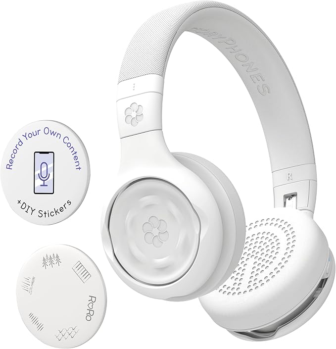 Storytelling Foldable Bluetooth Kids Headphones-Intro Bundle with ZenDisk and PlayShield, Perfect for Travel, Learning, Screen-Free Entertainment, Stories and Music by Onanoff (White)