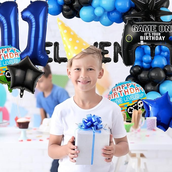 15pcs Video Game Themed Party Decorations, Number 11th Boys Birthday Party Supplies, Navy Blue Video Game Controller Mylar Foil Balloon, Video Game Party Decoration Supplies