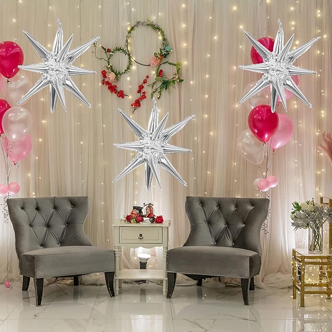 6 Pcs Silver Star Foil Balloons One-Piece 14-Pointed Star Balloon 4D Starburst Cone Mylar Balloon 22inch Christmas Birthday Wedding Wedding Anniversary Party Supplies(Silver)