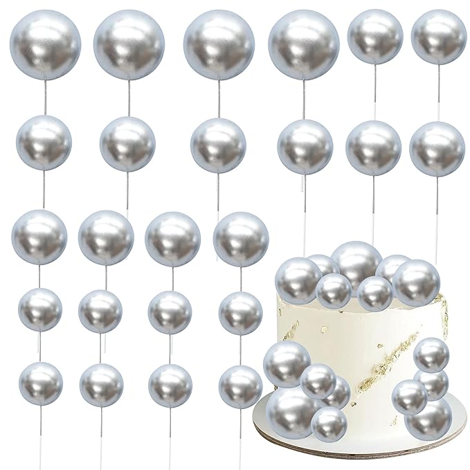 Gyufise 30Pcs Mini Balloon Cake Topper Foam Ball Cake Picks Cupcake Faux Pearl Balls DIY Cake Insert Topper Decoration for Anniversary Graduation Birthday Party Baby Shower Silver