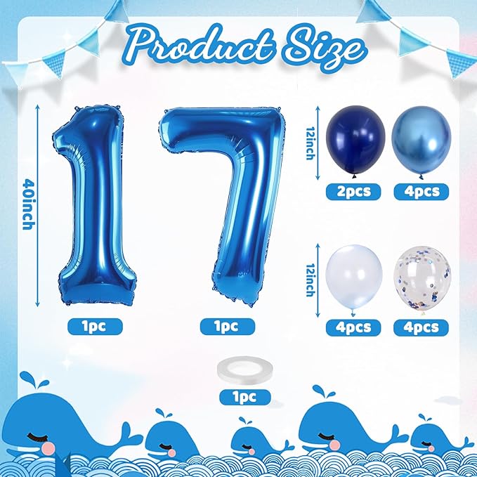 Giant Number Foil Balloon 17, Dark Blue Self Inflating 17th Birthday Balloon for Men, 40'' 17 Balloon Light Navy Blue with Metallic Silver Confetti Balloon for Anniversary Party Decorations Supplies
