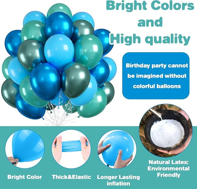 Blue and Green Balloons, Blue and Green Birthday Decorations, 12 Inch Light Blue Teal Metallic Metallic Blue Latex Balloons for Birthday Wedding Baby shower Party Decorations