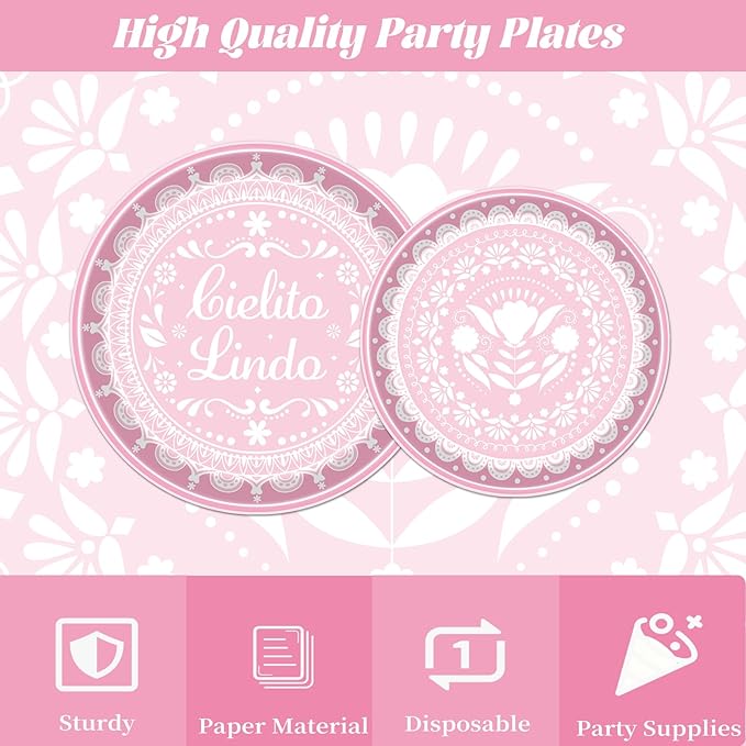 Rakuto Elomy Cielito Lindo Party Decoration Tableware, 96PCS Pink Cielito Lindo Disposable Paper Plates and Napkins Baby Shower Decoration, Mexican Themed Forks Decor Serve 24