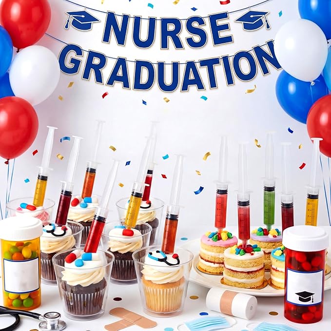 40 Pcs Nursing Graduation Party Supplies, 20 Pcs Plastic Syringes for Drinks, 20 Sticky Labels, Class of 2026 Graduation Decoration Nurse Party Supplies Bsn Rn Lpn Gift (100 ml)