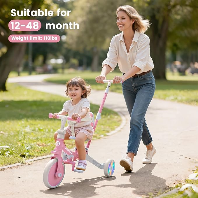 5-in-1 Tricycle for Toddlers 1-3, Convertible Toddler Bike with Push Handle & Removable Pedals, Balance Bike with Colorful Lighting Wheels, Adjustable Seat Height with Backrest(Pink)