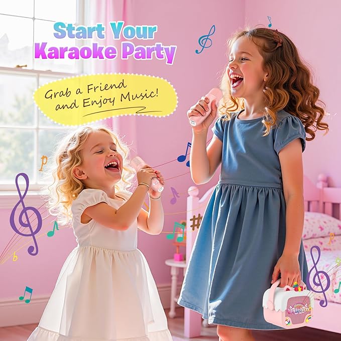 Mini Karaoke Machine for Kids Girls: Unicorn Portable Bluetooth Speakers with 2 Wireless Mic Easter Birthday Gifts for 5 6 7 8 9 10 11 Years Teen Toys for Girls Age 4-6 7 8 9 Basket Stuffers Pink