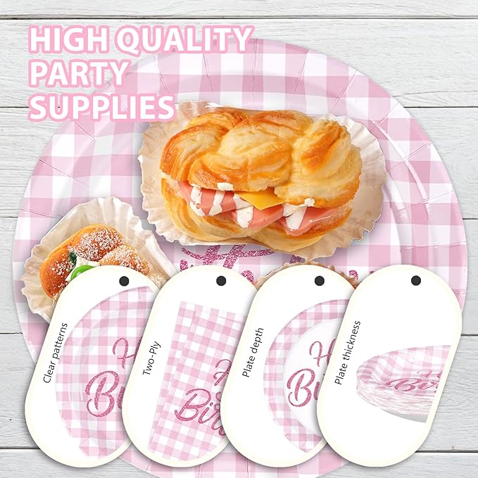 96Pcs Pink Gingham Birthday Decorations Pink and White Checkered Plates and Napkins Plaid Birthday Decoration Favors for Girl Women Christmas Bday Baby Shower Holiday Picnic Party Supplies Serves 24