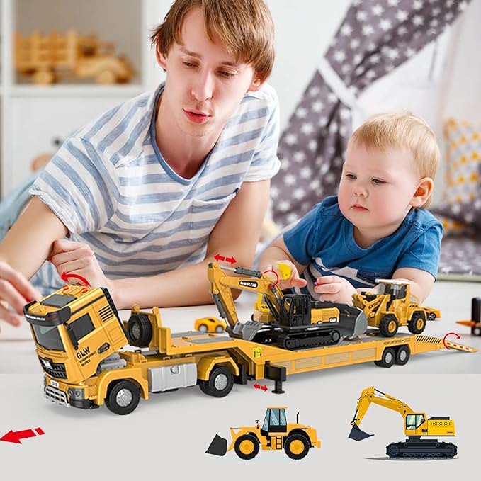 Alloy Die-Cast Construction Vehicles Toys Set w/Semi Truck, Excavator & Bulldozer - Real Lights & Sounds, Movable Parts - Learning Toys Gift for 3-7 Year Old Boys Girls