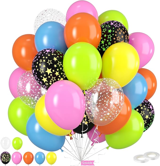 Neon Balloons, 50pcs 12 Inch Pink Orange Blue Yellow Lime Green Black Clear Star Print Rainbow Balloons Multicolor for Boy Girl Colorful Birthday Glow 80 90 Party Bright Baby Shower Summer Decorations