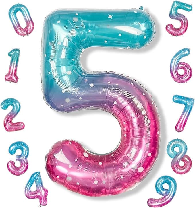 Mermaid Starry 5 Balloons, 40 Inch Giant Teal Blue Purple Mylar Foil Number 0-9 Helium Balloon for Girls, Self Inflating Rainbow 5th Birthday Balloon for Women Anniversary Party Decorations Supplies