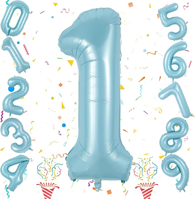 Light Blue 1 Balloon Number for 1st Birthday, 40 Inch Large Number Foil Balloons, Self Inflating for Kids Boys Men Age Birthday Party Anniversary Party Decoration Supplies