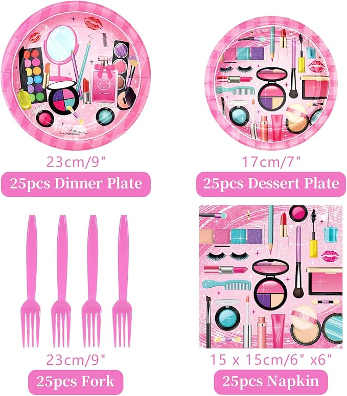Spa Party Supplies - Makeup Party Tableware - Dinner Plates, Dessert Plates, Napkins, Forks for Girls Women Slumber Pamper Spa Birthday Party Decoration, Serves 25