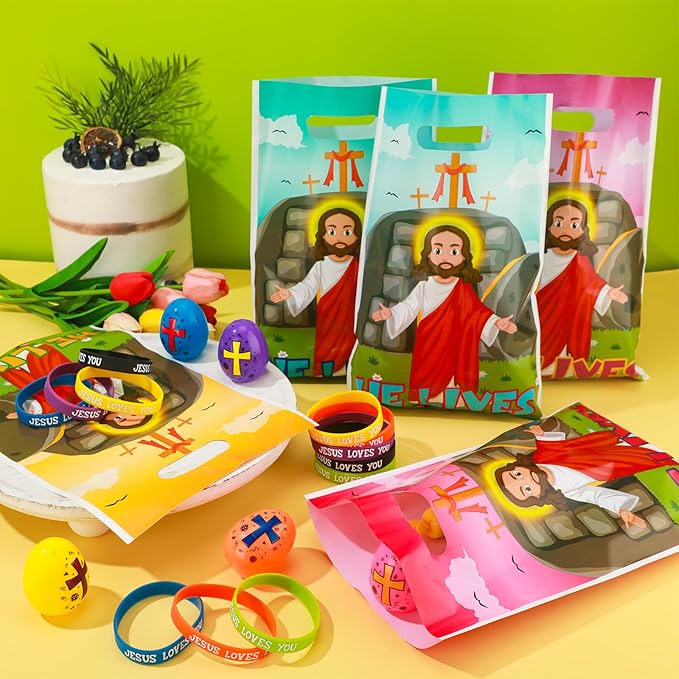 108 Pcs Easter Religious Party Favor Easter Eggs Fillers Christian Goody Bags Jesus Loves You Wristbands Party Supplies for Gift Church (Jesus)