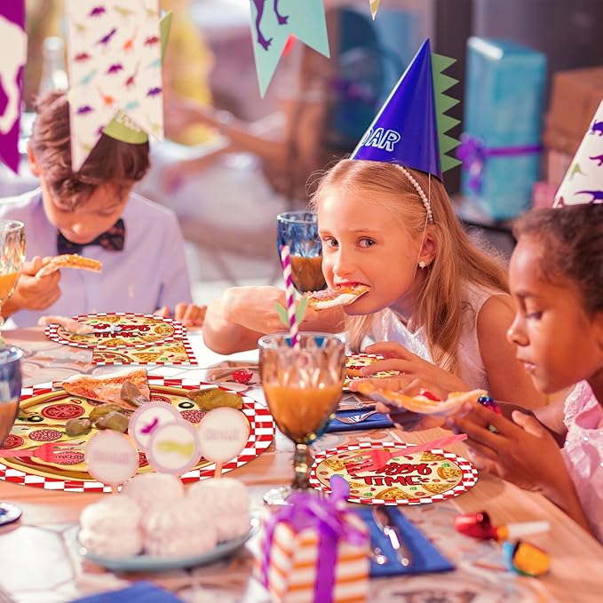 Pizza Plates and Napkins Party Supplies - 96PCS Pizza Birthday Party Decorations Pizza Time Pizza Themed Disposable Tableware Set Serves 24 Guests
