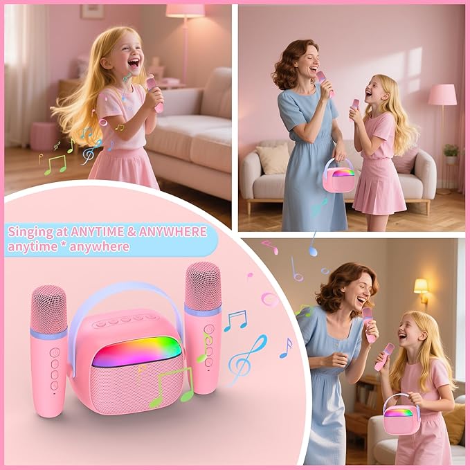 Mini Karaoke Machine with 2 Wireless Microphones for Kids Portable RGB Bluetooth Speaker Birthday Gift Toys for 3 4 5 6 7 8+ Year Old Girls Boys