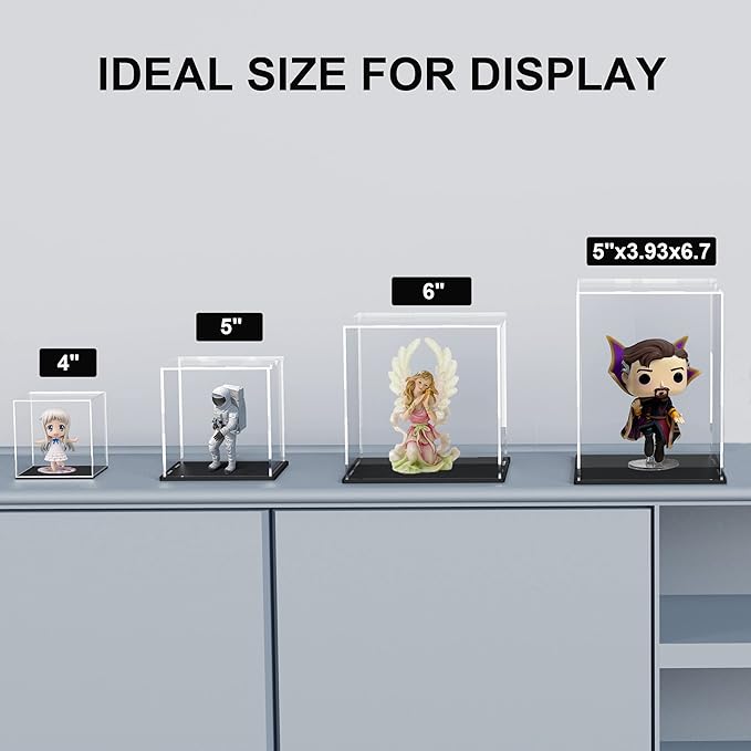 5 Inch Clear Acrylic Display Case, Rectangle Box for Collectibles, Plexiglass Case With Matt Black Stand for Toys, Desktop Display
