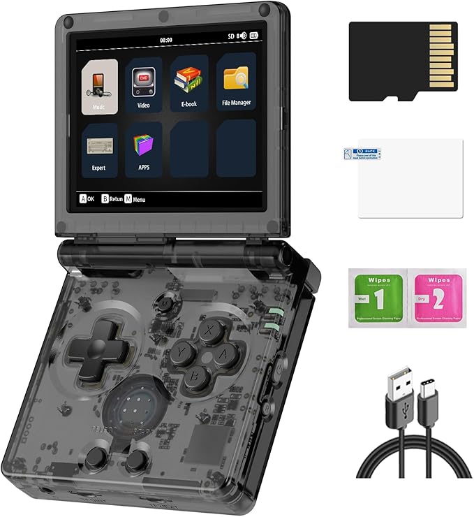 RG35XXSP Handheld Retro Game Console 3.5" IPS Screen 64GB TF Card with 5500+ Games, 3300mAH Battery Support WiFi Bluetooth HD(Black Transparent)