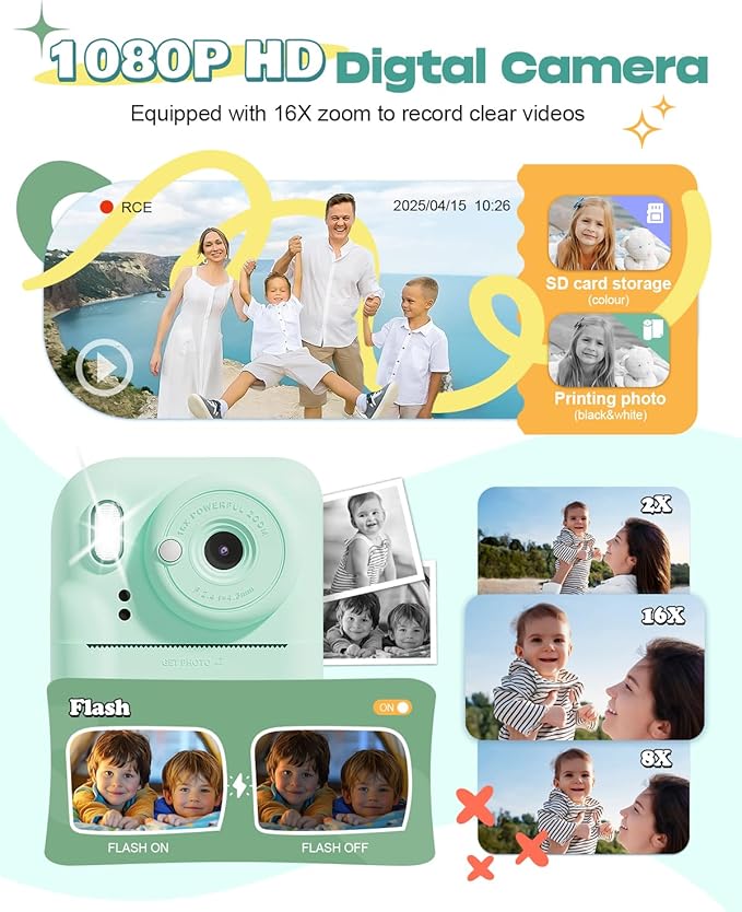 Seckton Kids Selfie Camera Christmas Birthday Gifts for Kids Age 3-10 Purple White & Kids Camera Instant Print Toddler Portable Travel Toy for 4 5 6 7 8 9 10 Year Old Boys Girls Green