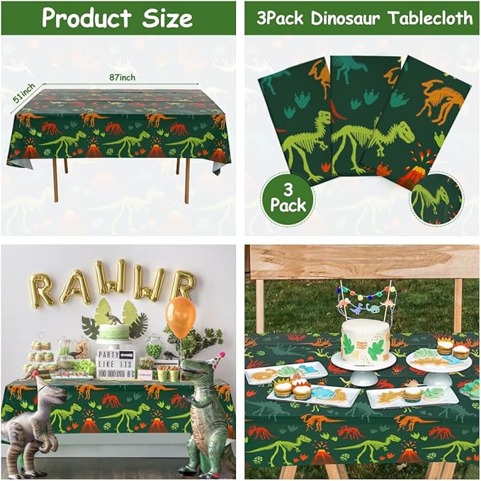 Staraise 3 Pieces Dinosaur Birthday Decorations Party Tablecloth, Dinosaur Table Cover PE Waterproof Rectangle Tablecloth for Kids Boy Birthday Classroom Dino World Party Decorations, 51.2X 86.6inch